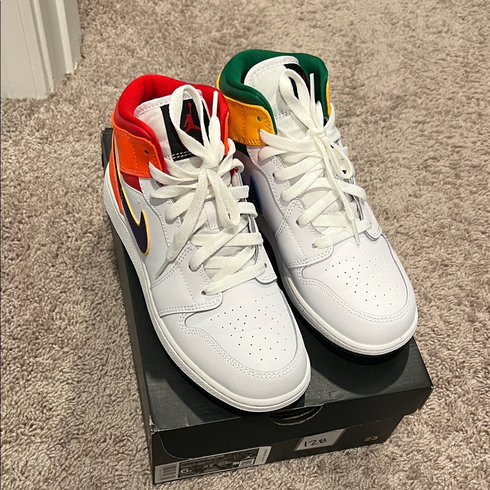 Nike Air Jordan 1 Mid White with Red, Orange, Yellow, Green Accents